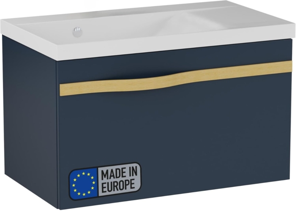 BADEDU FILS Waschbecken mit Unterschrank 69 cm breit, Blau, Waschbecken Gussmarmor Weiß, Griff Gold