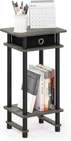 Furinno Hoher Beistelltisch mit Einschüben, Holz, French Oak Grey/Black/Black, 29.49 x 39.5 x 70.41 cm