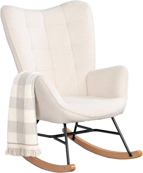 MEUBLE COSY Schaukelstuhl Sessel Schaukelsessel Stillstuhl Schwingstuhl mit Armlehnen Gepolsterter Sitzfläche für Wohnzimmer Schlafzimmer, Balkon, Sherpa und Holzkufen, Bis 120 kg Belastbar, Beige