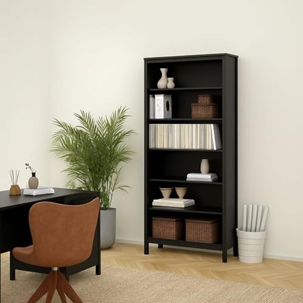 Dmora - Bücherregal Mariette, Büroregal, Mobiler Buchhalter, Bücherbrett, 78x33 h199 cm, Schwarz