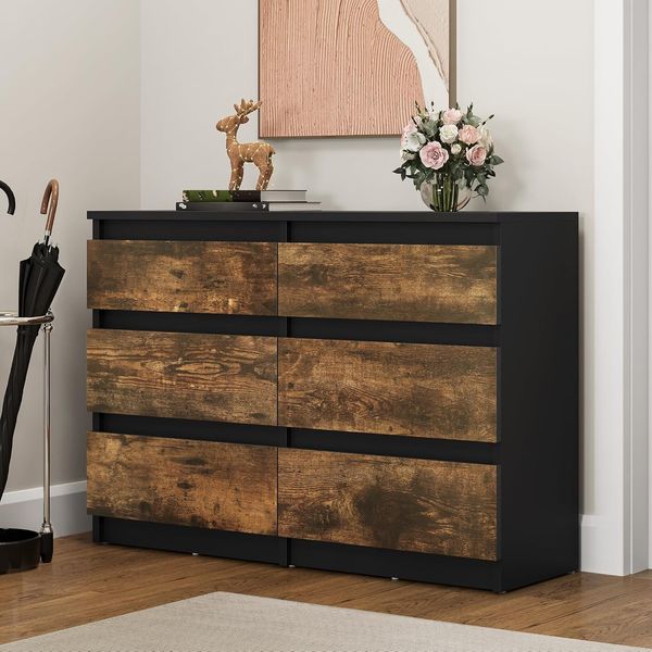 YITAHOME Kommode Schlafzimmer, Schlafzimmermöbel, Kommode aus Holz, 6 Schubladen mit Laufschienen, Schlafzimmeraufbewahrung, moderner Schlafzimmerschrank, 100 x 30 x 70 cm (Schwarz Rustikal Braun)