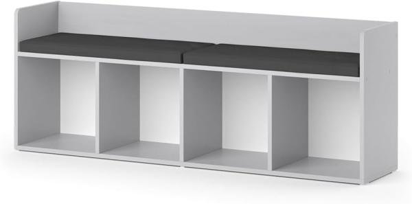 Vicco Sitzbank Kinderzimmerbank Kinderregal Luigi Hellgrau 142x53 cm modern Kinderzimmer Regal Aufbewahrungsregal Bücherregal Lesebank Spielzeugaufbewahrung Organizer Regal-Bank-Kombi 4 Fächer