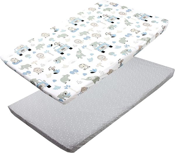TupTam Spannbettlaken Baby, für Babybett/Kinderbett, 2er Pack, Zoo Blau / Sterne / Weiß / Grau, 70 x 140 cm