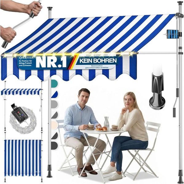 KESSER® Klemmmarkise mit Handkurbel & LED Lichterkette | Balkonmarkise ohne Bohren | Markise UV-beständig höhenverstellbar & wasserabweisend | Sonnenschutz für Balkon Terrasse & Garten 300cm, Blau / Weiß
