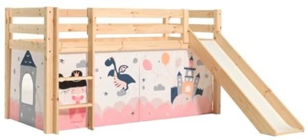 Vipack 'Pino' Halbhochbett 90x200 cm, natur, Kiefer massiv, mit Rutsche und Textilset 'Princess Sophie'