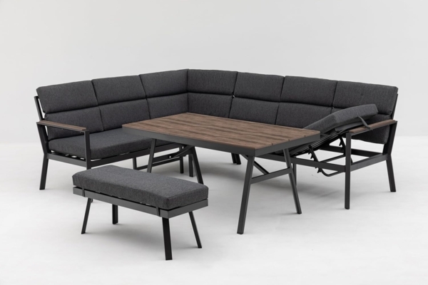 Gardissimo Gartenlounge-Set Nara Oak links / Gartenmöbelset / Nonwood, (Set, 3-tlg, Alu, Ecklounge, Esstisch, Bank, inkl. Auflagen), Dining Höhe, Liegefunktion, wetterfest