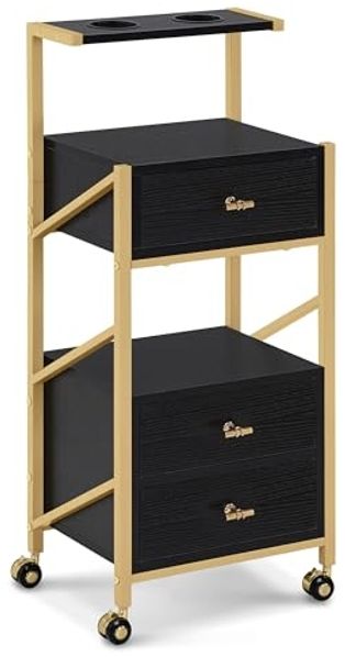 M MCombo Friseurwagen mit Rollen & 3 Schubladen, Rollwagen Servierwagen Schwarz-Gold, Salon Trolley mit 2 Ablagen & 2 Föhnhalter, Moderner Arbeitswagen für Bad Wohnzimmer, 30x40x97cm, 0048