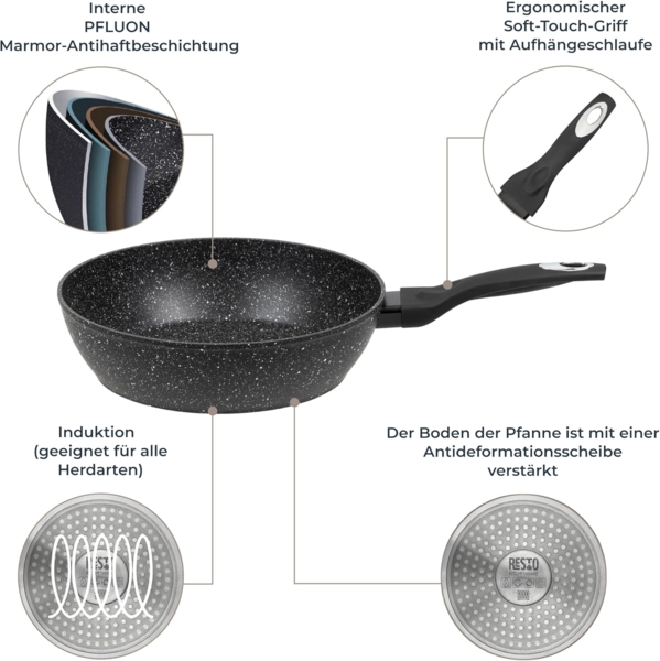 RESTO Kitchenware Bratpfanne Antlia, tiefe Pfanne mit ergonomischem Soft-Touch-Griff, Aluminium (1-tlg), Marmor-Antihaftbeschichtung, 4-lagig, für alle Herdarten geeignet Bild 3