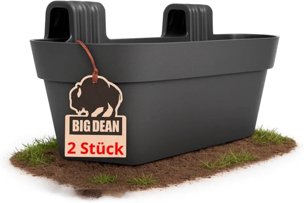 BigDean 2x Blumenkasten Balkongeländer 50cm Blumenkästen mit Wasserspeicher Balkonkasten mit Halterung Anthrazit