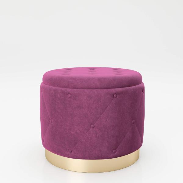 PLAYBOY - Pouf "LIZ" gepolsterter Sitzhocker mit Stauraum, Samtstoff in Lila und Chesterfield-Optik, goldener Metallfuss, Retro-Design