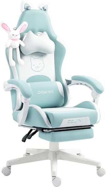 Dowinx Gaming Stuhl - Süße Katze Edition - Ergonomischer Computerstuhl mit Hoher Rückenlehne und Lendenwirbelstütze, PU-Leder, Fußstütze, Blau