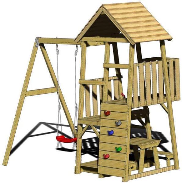 Wendi Toys Holz Spielturm Gorilla | mit Rutsche, Kletterwand, Schaukel und Picknicktisch | Natur | 290x270x270 cm