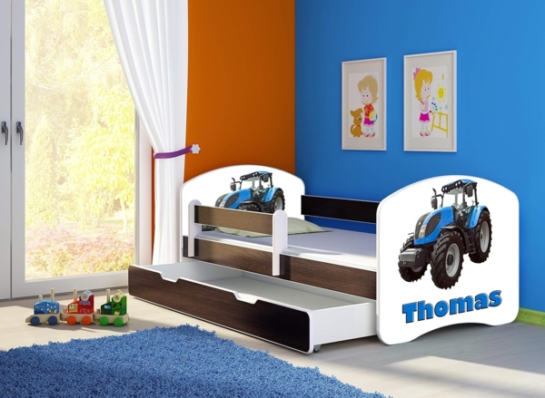 ACMA Kinderbett Jugendbett mit Einer Schublade und Matratze Wenge mit Rausfallschutz Lattenrost II 140x70 160x80 180x80 (42 Traktor, 140x70 + Bettkasten) Bild 3