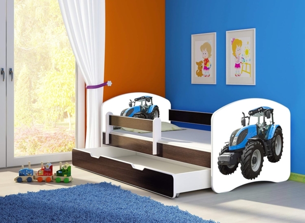 ACMA Kinderbett Jugendbett mit Einer Schublade und Matratze Wenge mit Rausfallschutz Lattenrost II 140x70 160x80 180x80 (42 Traktor, 140x70 + Bettkasten) Bild 2