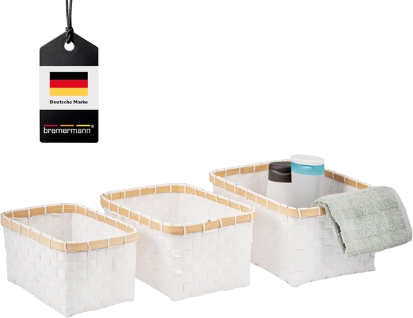 bremermann Aufbewahrungskorb Aufbewahrungskörbe 3er Set, Bambus/PP Streifen, weiß