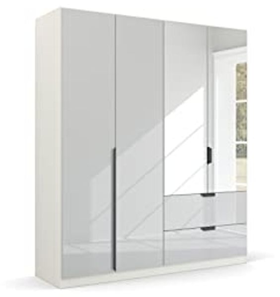 Kleiderschrank Drehtürenschrank Modern | 4-türig | mit Spiegeltüren & Schubkästen | glasweiß / alpinweiß | 181x210