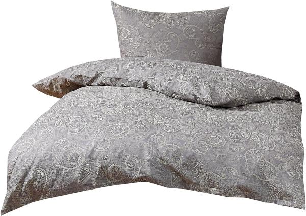 Bettwaesche-mit-Stil Mako-Satin Damast Paisley Bettwäsche "Davos" grün - grau Garnitur 135x200 + 80x80