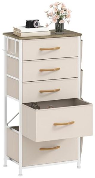 DWVO Kommode mit 5 Schubladen, langlebiger Schrank mit Haken & Seitentaschen, Stoffschubladen mit Griffen, Robustes Metallgestell, Beige