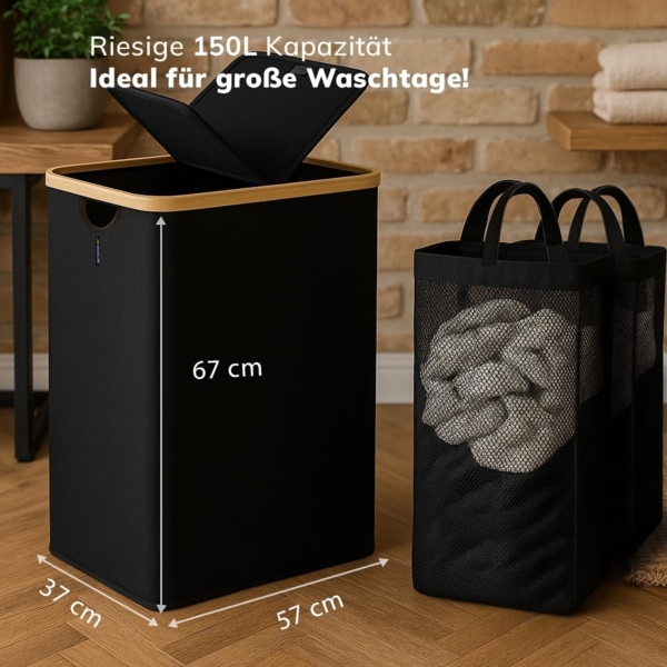 Roxlin Wäschekorb Wäschekorb 150L mit Deckel & 2 Taschen, faltbar & wasserdicht Bild 6