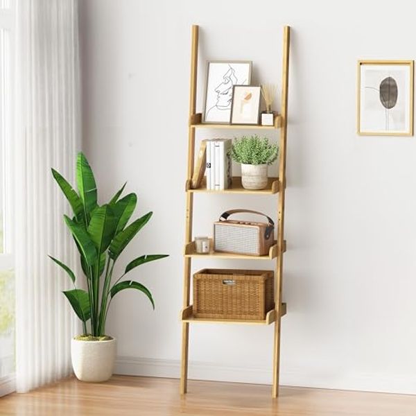 Ribelli Leiterregal mit 4 Ablagen, Bücherregal aus 100% Bambus, ca. 33T x 43,5B x 175H cm, Standregal gegen Wand für Arbeitszimmer, Wohnzimmer, Badezimmer, Küche, 510301