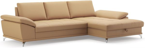 Cavadore Ecksofa Castiel mit Federkern / Eckcouch mit großem Longchair, Sitztiefenverstellung und mattschwarzen Metallfüßen / 301 x 89 x 176 / Echtleder, Beige