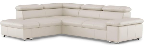 CAVADORE Echtleder-Eckcouch Valerie mit Ottomane / Ecksofa mit Kopfteilverstellung + Metallfüßen / 272 x 73 x 226 / Leder Weiß