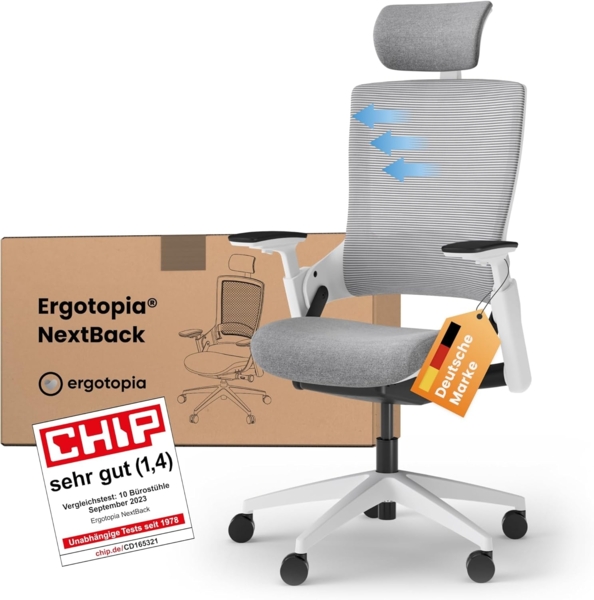 Ergotopia 'NextBack' ergonomischer Bürostuhl mit integrierter Lordosenstütze, 3D Armlehnen & verstellbarer Kopfstütze, Grau / Weiß