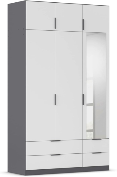 Rauch Möbel Lagoa, Kleiderschrank, Garderobe für Schlafzimmer, Kinderzimmer, Jugendzimmer 6-türig, mit Spiegel, 4 Schubladen, mit Zubehör Classic, Farbe Weiß/Grau metallic, Schwarz, Breite 136 cm