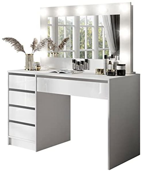 lukmebel Schminktisch MADA Spiegel Tisch Schreibtisch mit Spiegel Glamour-Schubladen Weiβ Hochglanz Make Up
