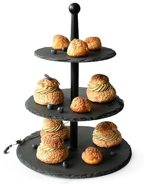 Etagere 3 Stöckig aus Schiefer mit Holzstamm Kuchenplatte Kuchenständer Servierständer