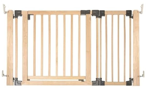 Safetots HolzMehrPanelRaumteiler, bis zu 136cm, Naturholz, 76cm Hoch, MehrPanelflexible Raumbarriere, Raumteiler mit Tür für Babys und Kleinkinder, Einfache Installation
