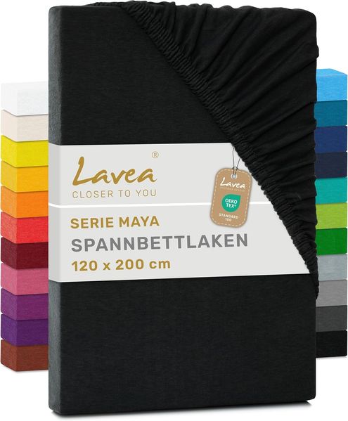 Jersey Spannbettlaken, Spannbetttuch, Lavea Serie Maya, 120x200 cm, Schwarz, 100% Baumwolle, hochwertige Verarbeitung, mit Gummizug
