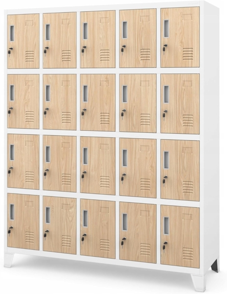 Jan Nowak Umkleideschrank 5B4A Fächerschrank Schließfachschrank mit 20 Fächern Wertfachschrank Metall Pulverbeschichtung 172 x 136 x 45 cm (H x B x T) (Weiß-Holz) Bild 3