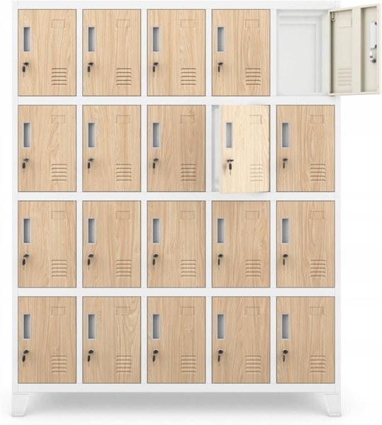 Jan Nowak Umkleideschrank 5B4A Fächerschrank Schließfachschrank mit 20 Fächern Wertfachschrank Metall Pulverbeschichtung 172 x 136 x 45 cm (H x B x T) (Weiß-Holz) Bild 5