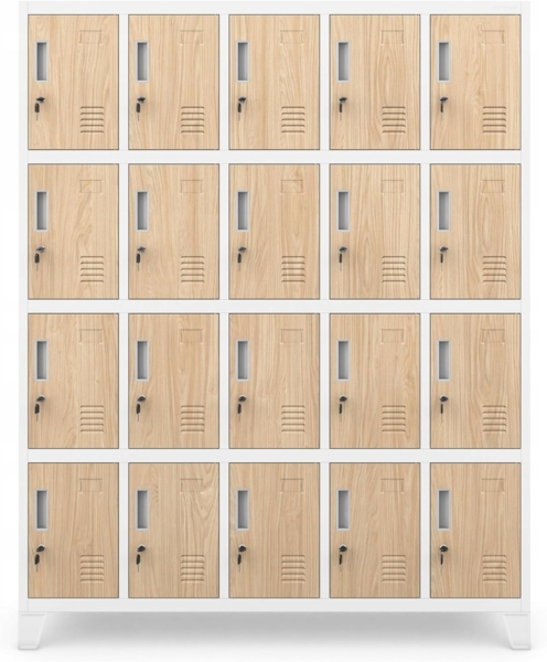 Jan Nowak Umkleideschrank 5B4A Fächerschrank Schließfachschrank mit 20 Fächern Wertfachschrank Metall Pulverbeschichtung 172 x 136 x 45 cm (H x B x T) (Weiß-Holz) Bild 4