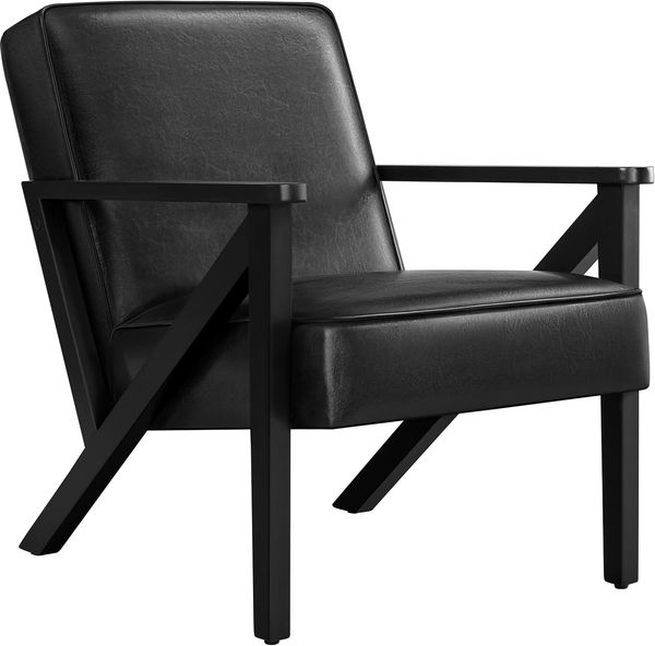 Yaheetech Loungesessel Sessel Vintage Relaxsessel Kunstleder mit Massivholzbeinen Einzelsofa für Wohnzimmer/Schlafzimmer/Empfangsbereich Schwarz