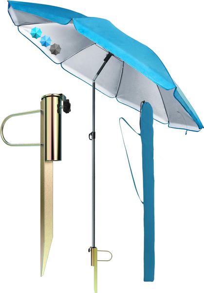 4smile Sonnenschirm Strand SunnyJoy Ø 2 m, Blau – 3er Set inkl. Strandschirm windfest stabil, Rasendorn Sonnenschirmhalter, Schirmhülle – Sonnenschirm mit Rasendorn, Schirmspieß für Garten