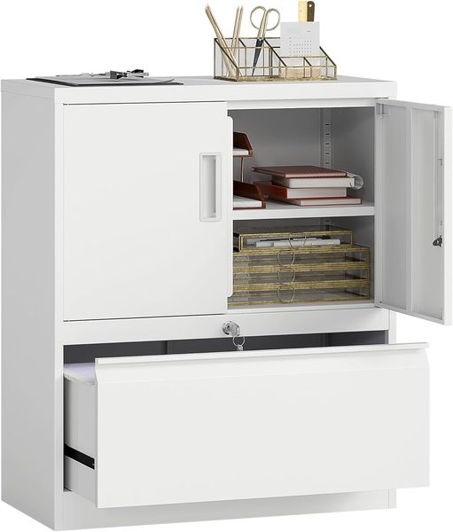 HOMCOM Aktenschrank mit 10-stufig verstellbarem Regal (Büroschrank, 1-St, Metallschrank) abschließbare Türen und Schubladen, Weiß