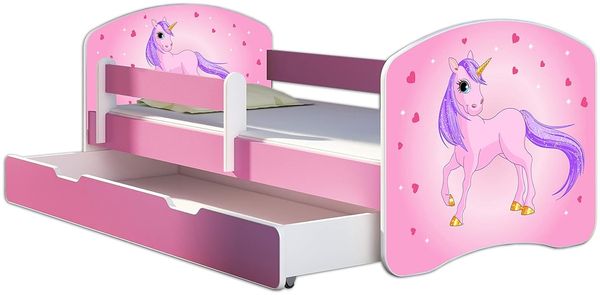 Kinderbett Jugendbett mit einer Schublade und Matratze Rausfallschutz Rosa 70x140 80x160 80x180 ACMA II (17 Pony, 70x140 cm + Bettkasten)