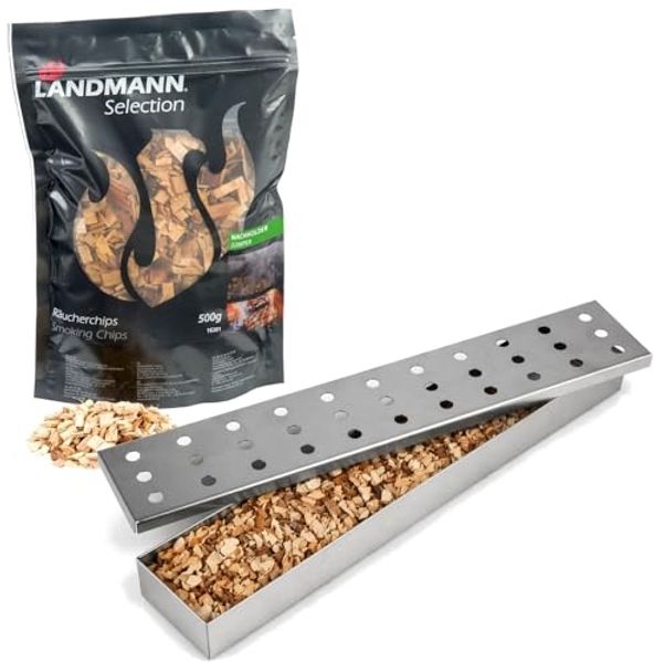 Landmann Räucherbox Edelstahl Set + 500g Räucherchips Wachholder | Smoker Box für Gasgrill Holzkohlegrill Elektrogrill | BBQ Zubehör