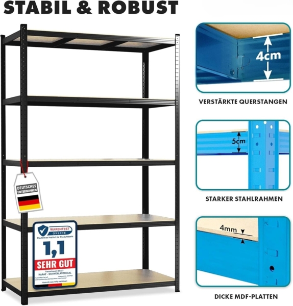 Floordirekt Schwerlastregal, 2er Set, schwarz 200 x 120 x 60 cm Steckregal, Kellerregal, Lagerregal, Werkstattregal, Werkbank - 5 verstellbare Böden (Lakota) Bild 3