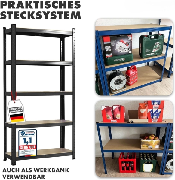Floordirekt Schwerlastregal, 2er Set, schwarz 200 x 120 x 60 cm Steckregal, Kellerregal, Lagerregal, Werkstattregal, Werkbank - 5 verstellbare Böden (Lakota) Bild 4