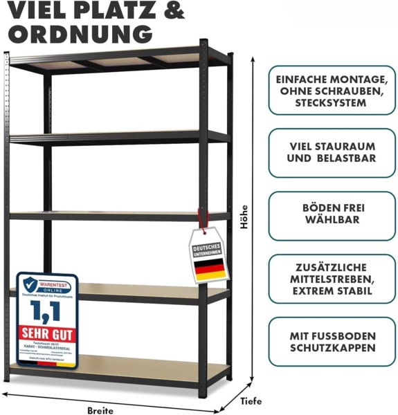 Floordirekt Schwerlastregal, 2er Set, schwarz 200 x 120 x 60 cm Steckregal, Kellerregal, Lagerregal, Werkstattregal, Werkbank - 5 verstellbare Böden (Lakota) Bild 2