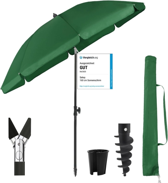 Sekey Sonnenschirm Ø180 cm Balkonschirm Terrassenschirm mit Schutzhülle und Bodenhülse, LxB: 180,00x180,00 cm, UV-Schutz 50+, höhenverstellbar, beidseitig um 30° knickbar