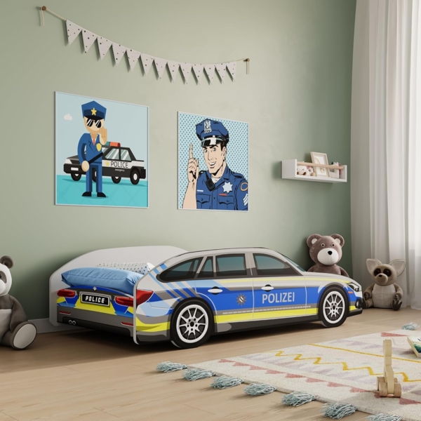 Kids Collective Autobett Kinderbett Jugendbett 70x140 und 80x160 cm Polizei Motiv, mit Rausfallschutz Kinder Spielbett 80x160 cm mit Matratze