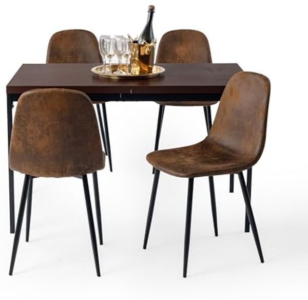 FurnitureR 5-teiliges Esszimmer Set, 120cm Vintage Effekt Küchentisch mit Heavy Duty Metallbeinen 4 Wildleder Tan braune Stühle,Esszimmer Restaurant Apartments