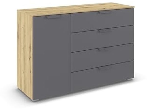 rauch Aditio Box, Kommode, 1-türig, 4 Schubladen, mit Softclose-Funktion, Farbe Grau metallic/Eiche Artisan, BxHxT 120x81x42cm