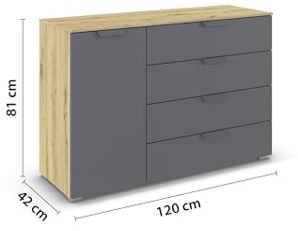 rauch Aditio Box, Kommode, 1-türig, 4 Schubladen, mit Softclose-Funktion, Farbe Grau metallic/Eiche Artisan, BxHxT 120x81x42cm Bild 3