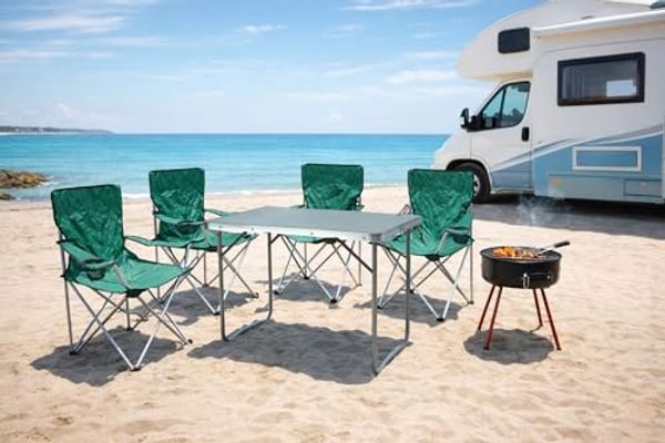 5tlg Camping Set Outdoor Grün Anglerstuhl +Tasche Klapptisch 80x60 cm