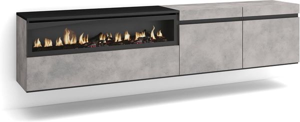 Skraut Home | TV-Schrank, Lowboard | für Wohnzimmer und Esszimmer | 200 x 45 x 35 cm | Für TV-Geräte bis zu 80" | Elektrokamin. Maße | Hängend | Moderner Stil | Zement